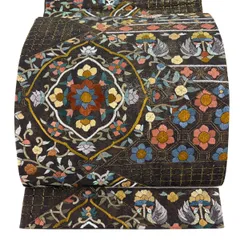 【美品】 袋帯 逸品 華文 向かい鳥 刺繍 金糸 焦茶色 六通 正絹 【中古】