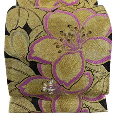 【美品】 袋帯 秀品 振袖向き 桜 金糸 箔 金色 六通 正絹 【中古】