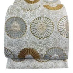 袋帯 名品 花 華文 唐織 金銀糸 クリーム 六通 正絹 【中古】