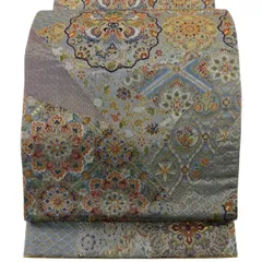 【美品】 袋帯 名品 壱阡八百織 紹? 向かい鳥 華文 箔 青灰色 六通 正絹 【中古】