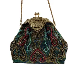 【美品】 和装バッグ 優品 ビーズバッグ フォーマル 幾何学 青緑 ビーズ 和装小物  【中古】