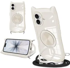 【在庫処分】全面的な保護 黄ばみ防止 長さ調節可能なネックストラップ付き 滑り止め スマホケース スマホケース 17 17 iPhone iPhone 回転スタンド付き 360° シンプルでファッション 猫耳デザイン 用