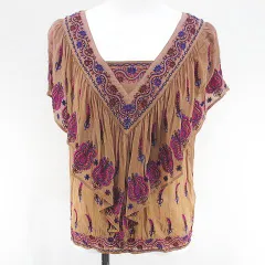 グレースコンチネンタル GRACE CONTINENTAL ノースリーブ ブラウス カットソー フリル フレア 36 茶系 ブラウン 刺繍 ビーズ シースルー 透け感 総柄