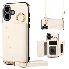 【人気商品】ホワイト 携帯ケース 調節可能な 写真入りポケット 鏡付き ICカード収納 マグネット式 斜めかけ 首掛け PUレザー カバー 用の 用の 用の いphone17 スマホケース ショルダー アイフォン17 肩掛け 手帳型 ケース 17 iPhone