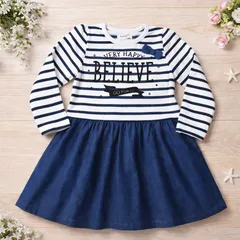 新品 女の子 ワンピース 裏起毛 長袖 ボーダー 切替 デニム風 スカート リボン付き ロゴ入り ネイビー キッズ おしゃれ 普段着 お出かけ  姉妹お揃い　姉妹コーデ