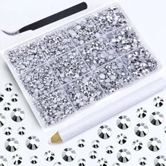 aninako ネイルラインストーン ネイルアートパーツ ラインストーン 【3mm/4mm/5mm/6mmX3】 ラウンド樹脂クリスタル キラキラ 宝石 DIY ネイルを飾て 手芸パーツ 大容量セット 収納ケース付き((丸型【銀】) 0