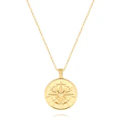 CANEVINKA 18K ゴールドプレート コイン ペンダント ネックレス 女性用 上品なコンパス ひまわり ネックレス パーソナライズチェーン レイヤードジュエリー, 20 inches, 金メッキ, サンドストーン [コンパス]
