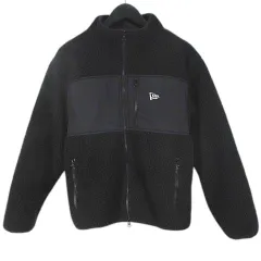 ニューエラ NEW ERA ボア フリース ジャケット ブルゾン S 黒系 ブラック ダブルジップ 切替 ロゴ プリント