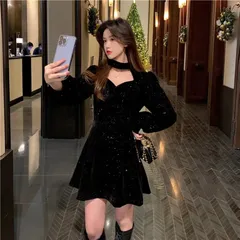 ドレス 黒ドレス レディース ワンピース 韓国ファッション キラキラ ミニドレス 長袖
