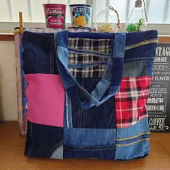 128★USEDデニムリメイク★大きめトートバッグ★パッチワーク★ジーンズリメイク★ジーパンリメイク★