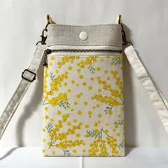【訳あり】スマホポシェット ミモザ柄 生成り ショルダーストラップ付き