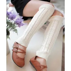 レッグウォーマー ニット ロング丈 ケーブル編み 暖かい 秋冬 可愛い 防寒 冷え  ホワイトホワイトP_0