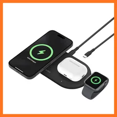 【新品】 Belkin 3 in 1 ワイヤレス充電器 Qi2公式認証/MagSafe対応 iPhone17,16～12/スマートフォン(最大15W高速充電) AirPods/ワイヤレス充電対応イヤホン(5W充電) Applewatch対応 9/8/7/U 0