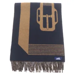 極美品▼HERMES エルメス サングルアブックル カシミヤ100% ジャカード織 フリンジ付き 大判ショール マフラー ネイビー 箱付き 英国製 メンズ