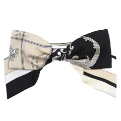 未使用品△HERMES エルメス グルネル エクスリブリス バレッタ シルク100％ シルバー金具 リボン付き 髪留め ヘアアクセサリー ブラック ベージュ 箱付き イタリア製 レディース