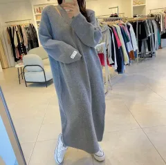 (送料無料)華奢 THE FIRST スリット ニット ロング ONE PIECE オーバーサイズ グレー