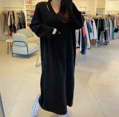 (配送料無)THE FIRST ルーズフィット スリット ニット ロング ONE PIECE オーバーサイズ ブラック