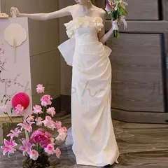 2025新品未使用 ウェディングドレス 花嫁 二次会 ウエディングドレス 結婚式 ロングドレス ライトドレス クリーム オフショルダー フリル 