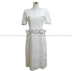 美品 MAGGY 銀座マギー サイズ36 麻 リネン100％ 前後2WAY ドット柄 ロング丈 クルーネック 半袖 シャツワンピース ドレス 白 ホワイト レディース