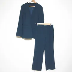 美品 INDIVI インディヴィ ストレッチ ノーカラージャケット ストレートパンツ スーツ セットアップ 38 ネイビー レディース 古着 中古 USED