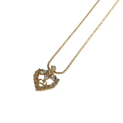 美品 Christian Dior クリスチャンディオール ヴィンテージ ハート CD ラインストーン チャーム ネックレス アクセサリー ゴールド レディース 古着 中古 USED
