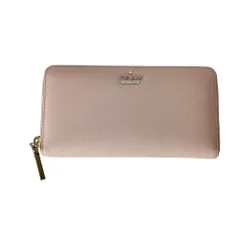 美品 kate spade new york ケイトスペードニューヨーク カウレザー メタルロゴ ラウンドファスナー ロングウォレット 長財布 ピンク レディース 古着 中古 USED