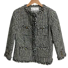 美品 23SS Whim Gazette ウィムガゼット リントン ツイードジャケット WGZ1031107A0011 サイズF ブラック ホワイト レディース 古着 中古 USED