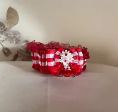 犬　猫首輪　赤ギンガムリボン　花モチーフパーツ3枚　シフォンレース　鈴　女の子