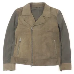 良品□EMMETI エンメティ ナイロン切替 スウェード ラムレザー シングル ライダースジャケット カーキ 46 イタリア製 正規品 メンズ