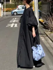 ブラックワンピース ロングワンピース レディース 夏 春 秋 マキシワンピース 長袖 ボリューム袖 体型カバー 無地 シャツワンピース きれいめ ギャザー OL通勤