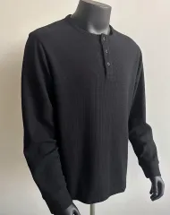 ブラック ワッフル ヘンリーネック 長袖 Tシャツ