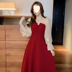 ワンピース レディース おしゃれ かわいい ワインレッド 長袖 Vネック チュール 切り替えワンピース ドレス ひざ丈 ハイウエスト Aライン 