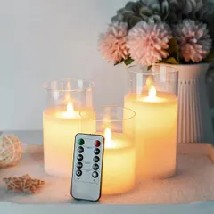 明るさ調整 専用リモコン付き 電池式 省エネ 安全 ゆらゆら揺れる LEDライト 火を使わない 暖色光 本物の炎のようにゆらめく3点セット キャンドル ロウソク クリアガラスホワイト LEDキャンドルライト