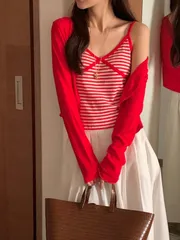 26ss) アートセット 春新商品 エンブロイダリー ノースリーブ ボーダー柄 ノースリーブ セットアップ カーディガンセット