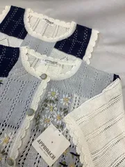 難あり】パッチワーク風　花刺繍　ニット半袖カーディガン&ベスト　ブルー　R775