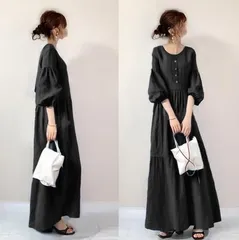 フレアワンピース ラウンドネック綿混 ボリューム袖 キレイめ 7分袖ワンピース ギャザー ロングワンピース 黒 マキシ ヘンリーネック お洒落 無地 シンプル