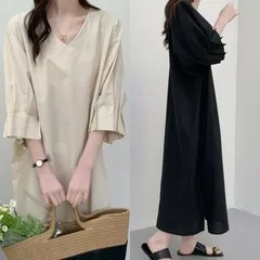 7分袖 ワンピース 袖タック レディース Vネック マキシ丈 春夏 ワンピース きれいめ カジュアル 通勤 旅行 女子会 お出かけ プレゼントオシャレ