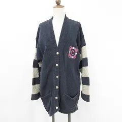 カステルバジャック CASTELBAJAC Jc de CASTELBAJAC ニット カーディガン 長袖 ロング Vネック ボタン開き 刺繍 アップリケ ラメ ボーダー 紺 ネイビー 42