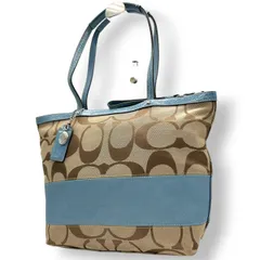 美品 コーチ COACH ヘリテージ ストライプ F14443 トートバッグ ショルダーバッグ 肩掛け キャンバス レザー シグネチャー 水色 ライトブルー 白 ホワイト A4収納可 レディース チャーム付 爽やか 通勤 通学 鞄 カバン s22