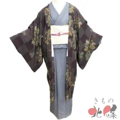 羽織 コート 着物 正絹 中古 市松に花模様 焦茶色 藍媚茶色 多色 身丈107.5cm 裄67.5cm きもの北條 A1317-16