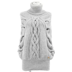 【美品】GUCCI グッチ ノースリーブニット タートルネック ローゲージ アルパカ / ウール ケーブル編み リラックスフィット シグネチャー ロゴ GGハート ゴールドチャーム プルオーバー トップス レディース サイズ M グレージュ イタリア製のサムネイル