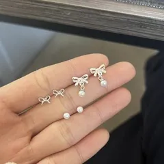 シルバー リボンモチーフ パール ピアス6個セット 小ぶり 小さめ まとめ売り 韓国アクセ 上品 可愛い フェミニン ガーリー 重ね付け レディース