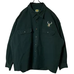 グリーン 緑 XL オーバーサイズ ワーク カベラス アニマル ワンポイント 鹿 刺繍 シャツ レディース ユニセックス メンズ 古着 長袖