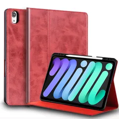 Gexmil ケース iPad Mini 8.3 インチiPad Mini 7世代 A17 Pro 2024 6世代専用 (2021) 高級レザー製 ペン収納衝撃防止 保護ケース 耐衝撃性 軽量 防指紋オートスリープ/ウェイクレッド