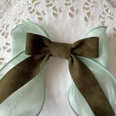 ❤️358オーガンジーベロアリボンヘアクリップピン❤️モスグリーン