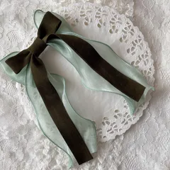 ❤️ 356ウェーブオーガンジーベロアリボンポニーフック❤️モスグリーン