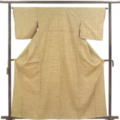 紬 身丈163cm 裄64cm 前幅25cm 後幅30cm 袖丈49cm 袖幅32cm レディース 袷 格子 裄Mサイズ 秋冬春用 正絹（シルク）イエロー やや難 リメイク リユース リサイクル【呉服のきくや】