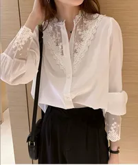長袖ブラウス シフォンレース エレガントトップス シャツ 透け感 シンプル きれいめ おしゃれ 清楚 ファッション