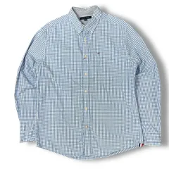 トミーヒルフィガー ライトブルー ギンガムチェック ワンポケット 長袖 シャツ L