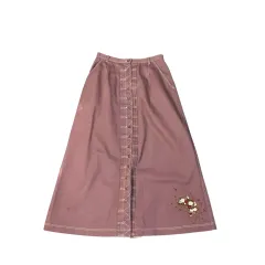 (26) ヴィンテージ インディーピンク フラワー 刺繍 前ボタン ロング スカート